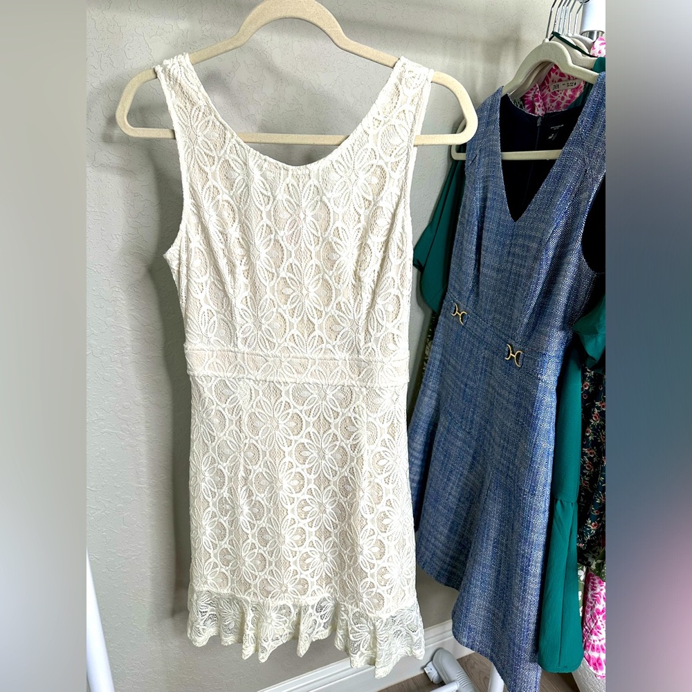 Chelsea and Violet white sleeveless lace floral print mini dress with ruffle hem